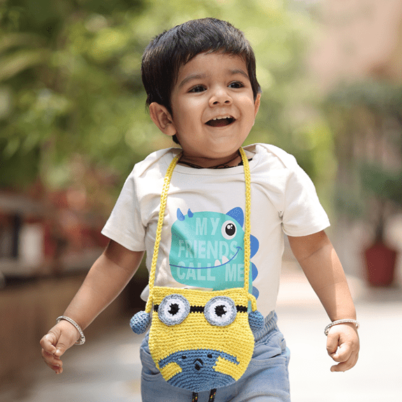 Handmade Yellow Minion Crochet Bag – Kids Bags on Brown Living™. SKU: SARKID03. Img 1.