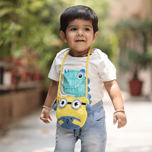 Handmade Yellow Minion Crochet Bag – Kids Bags on Brown Living™. SKU: SARKID03. Img 2.