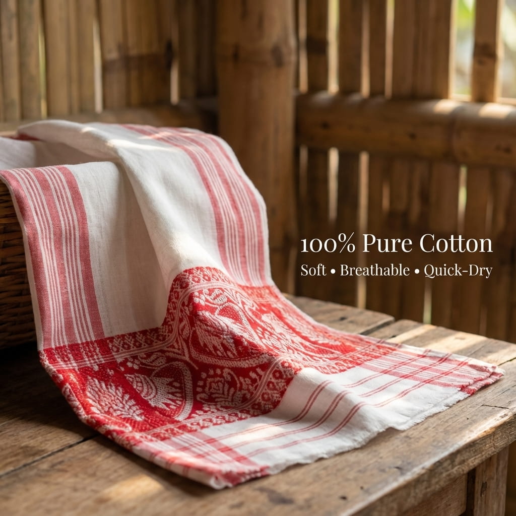 Handwoven Assamese Cotton Gamcha Traditional Multi - Purpose Cloth – Towel on Brown Living™. SKU: DOS-HL-GAMCHA-01. Img 4.