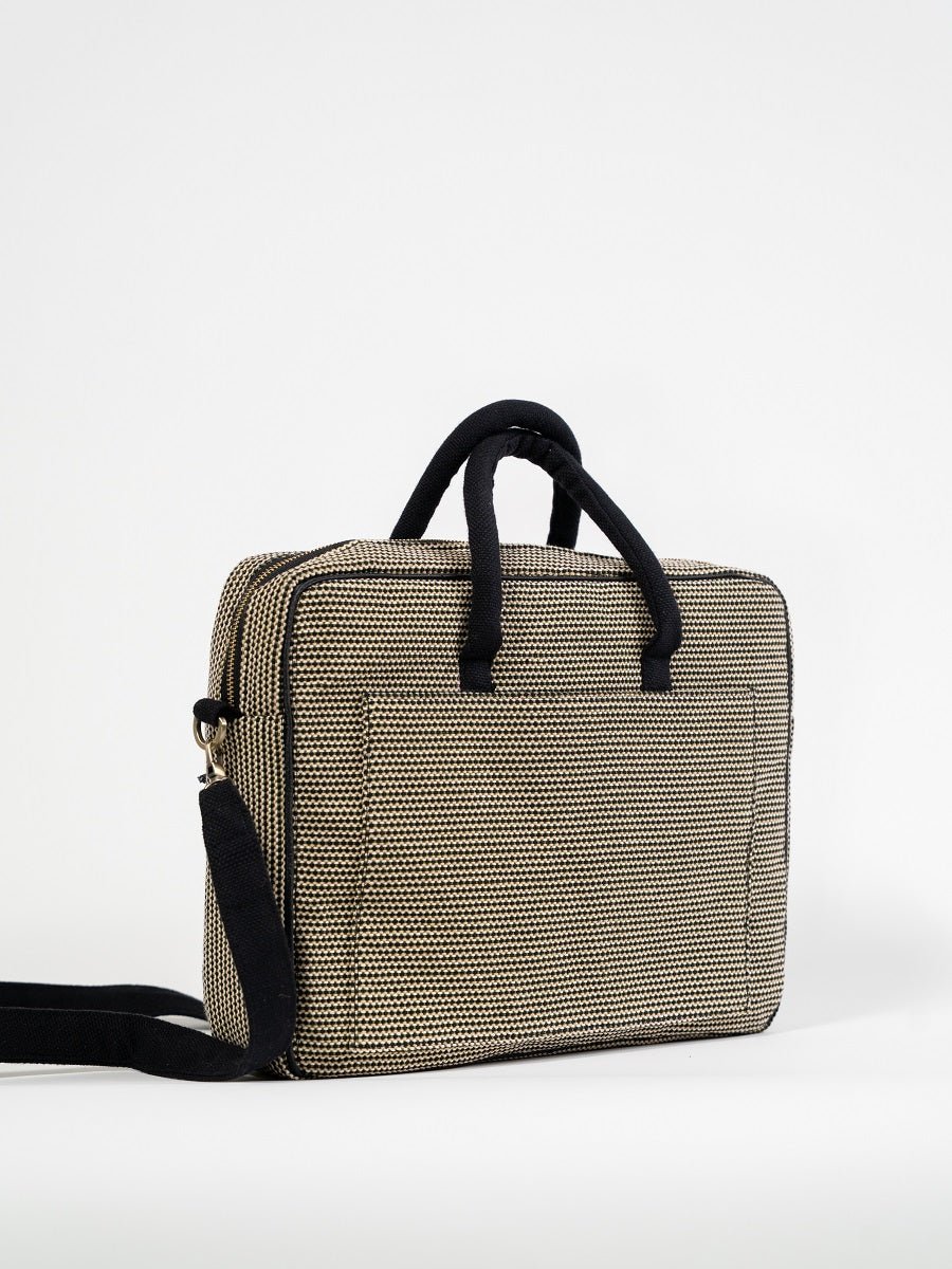 Handwoven Laptop Briefcase | Vindu Artisan Work Bag – Laptop Sleeve on Brown Living™. SKU: S25VINDLPBRC224-BLK. Img 3.