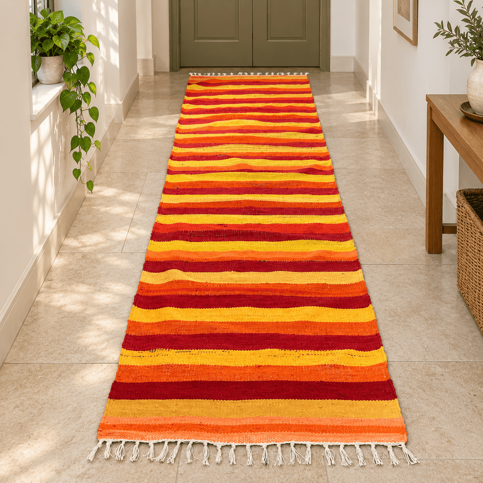 Handwoven Upcycled Textile Dari | Sustainable Floor Mat & Rug – Play Mats on Brown Living™. SKU: DARIORANGE. Img 4.