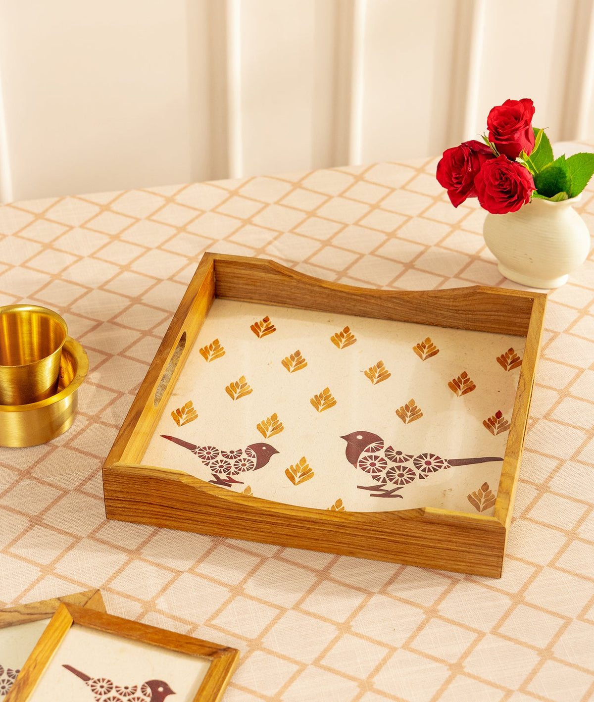 Harvest Sparrow Square Tray | Diwali Festive Serving Tray – Trays & Platters on Brown Living™. SKU: Gul_Diwali_26_022. Img 1.