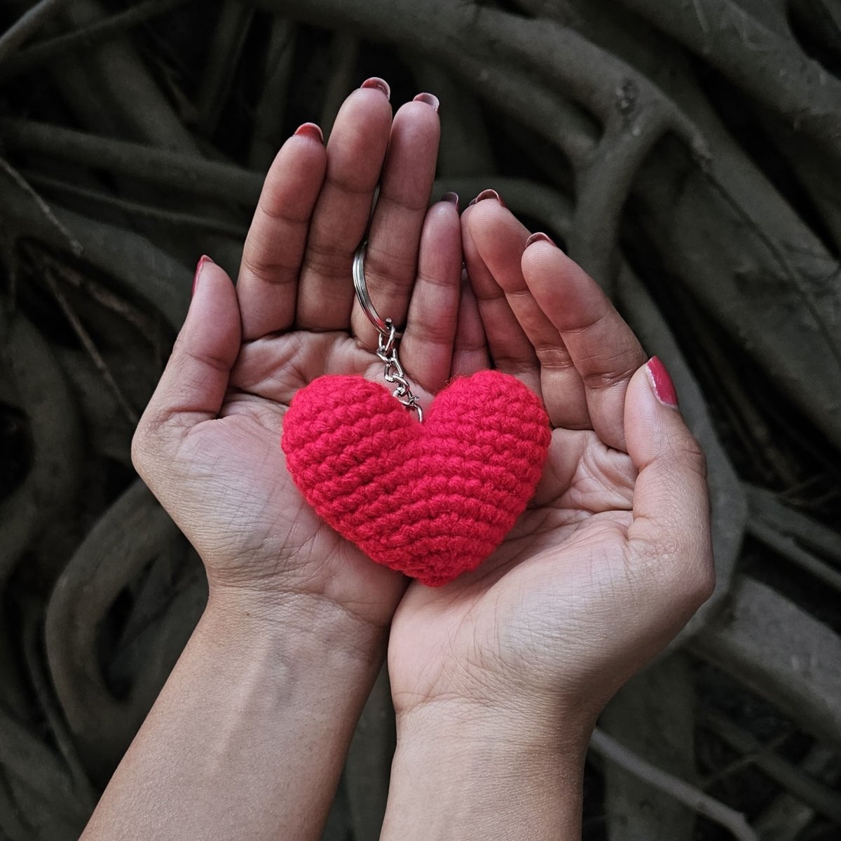 Heart Keychain - Handmade Crochet Charm for Bags & Keys – Gift by Wishing Treasure available on Brown Living™. . SKU: WTHK1. Img 1.
