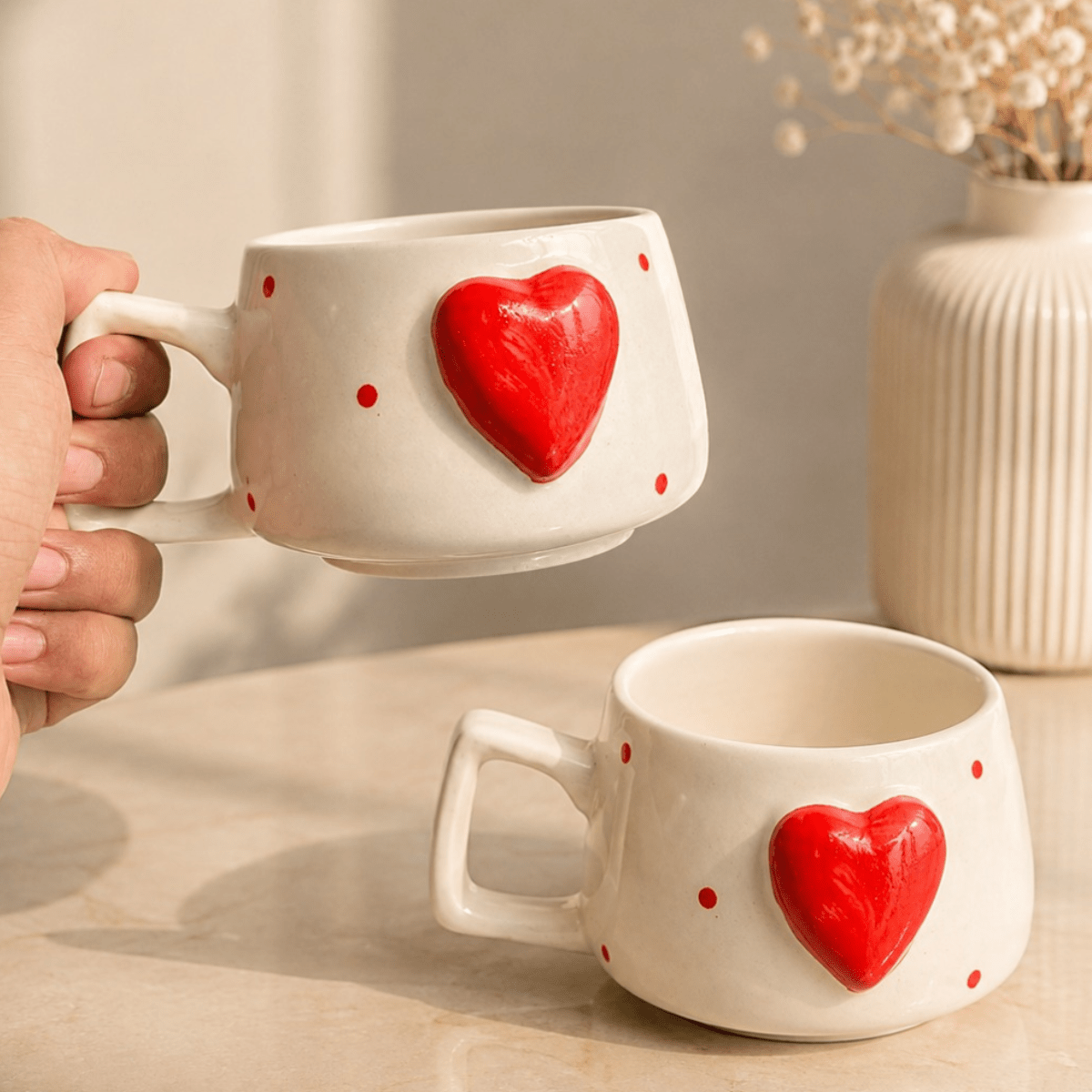 Heartfelt Duo Heart Design Ceramic Mug Set of 2 | Festive Gift – Mugs on Brown Living™. SKU: D-441. Img 8.