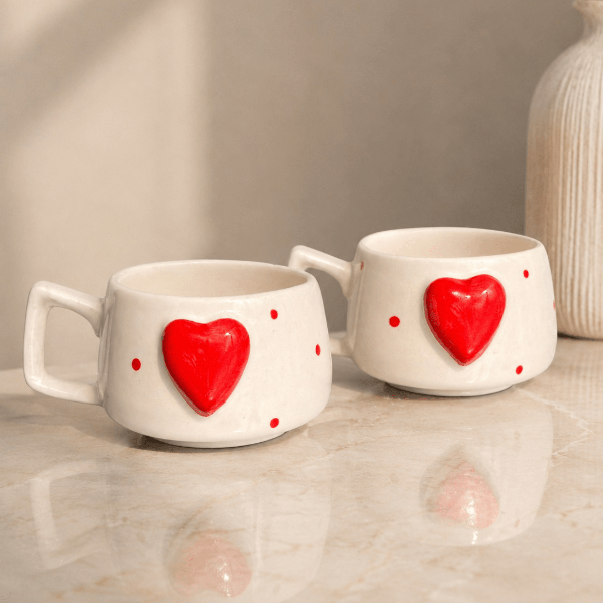 Heartfelt Duo Heart Design Ceramic Mug Set of 2 | Festive Gift – Mugs on Brown Living™. SKU: D-441. Img 1.