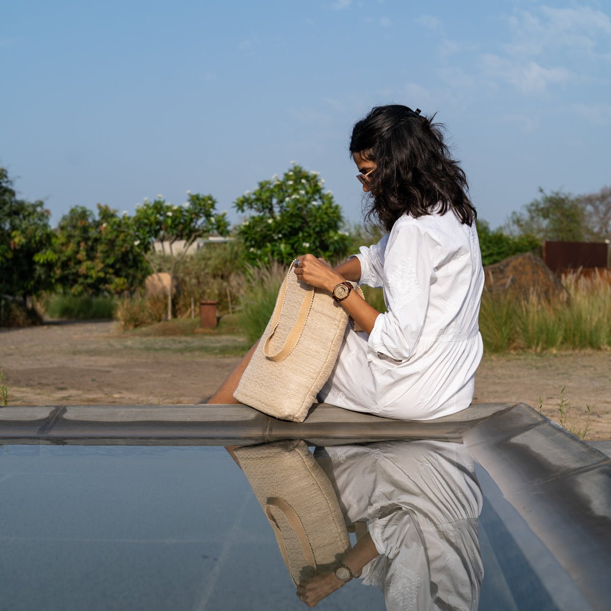 Heera Hand - Woven Tote Bag | Artisan - Made Everyday Carry Tote – Bags on Brown Living™. SKU: S22WHEETO147-BE. Img 7.