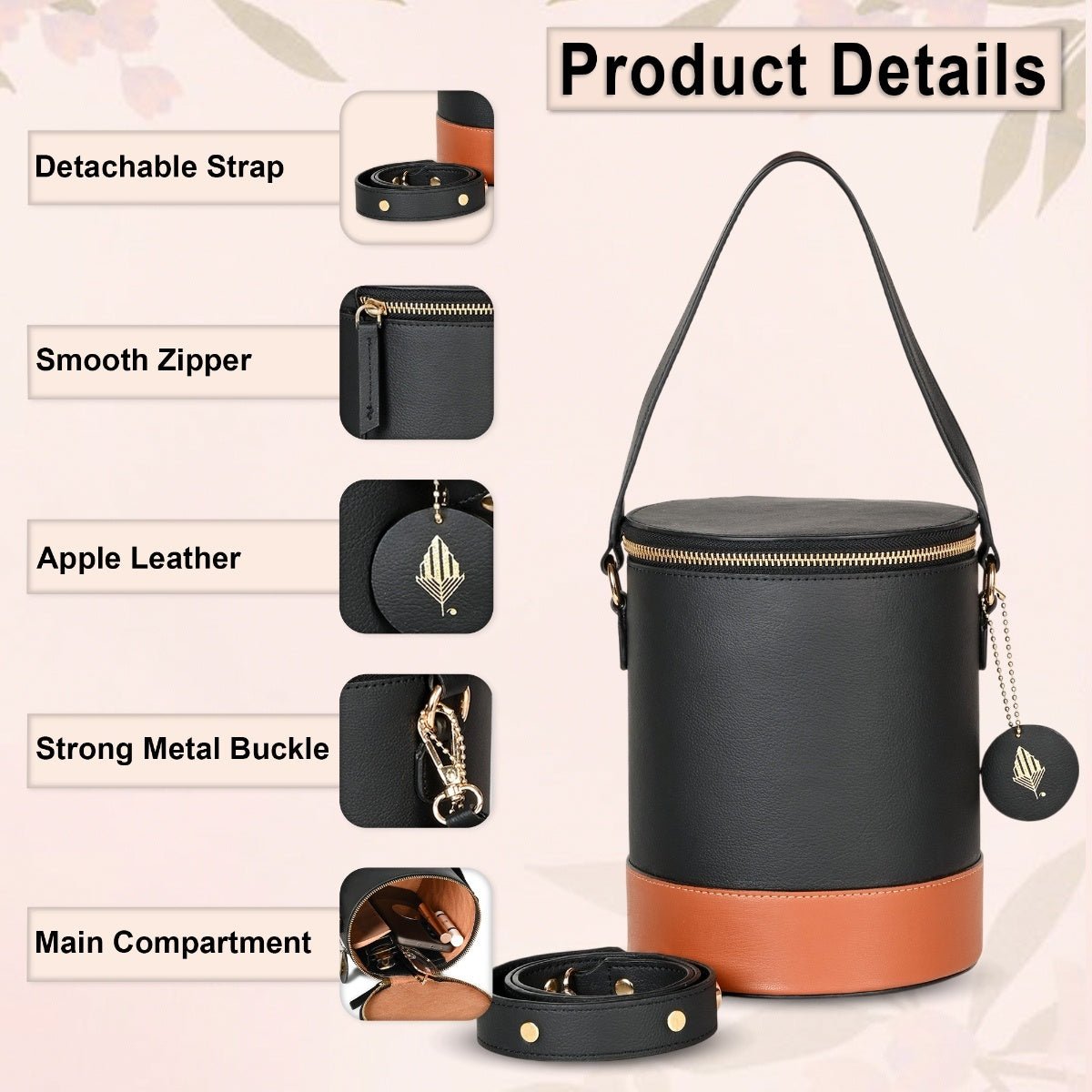 Hemera (Black & Gingerbread) | Women's Bag made with Apple Leather – Womens Handbag on Brown Living™. SKU: BGH 5001. Img 8.