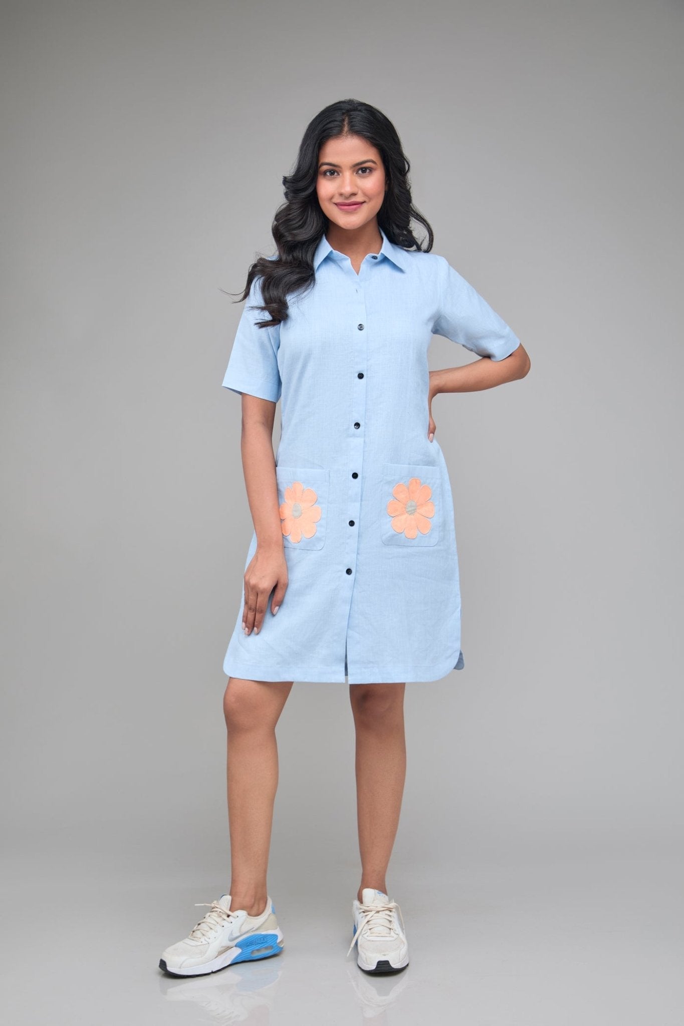 Hemp Front Button Down Shirt Dress Sky Blue – Womens Dress on Brown Living™. SKU: GD09-BLUEBERRY-S. Img 1.
