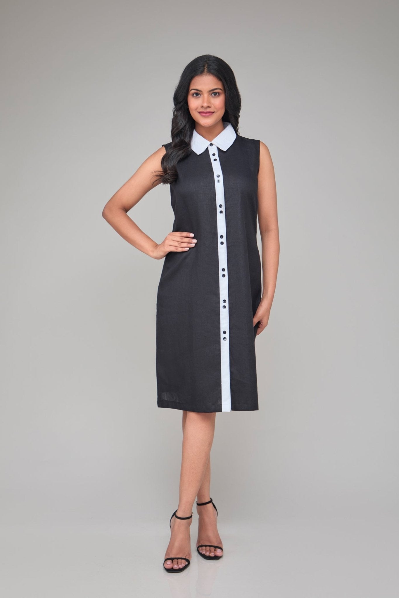 Hemp Sleeveless Contrast Collar Shift Dress For Women – Womens Dress on Brown Living™. SKU: GD06-BLACK-S. Img 2.