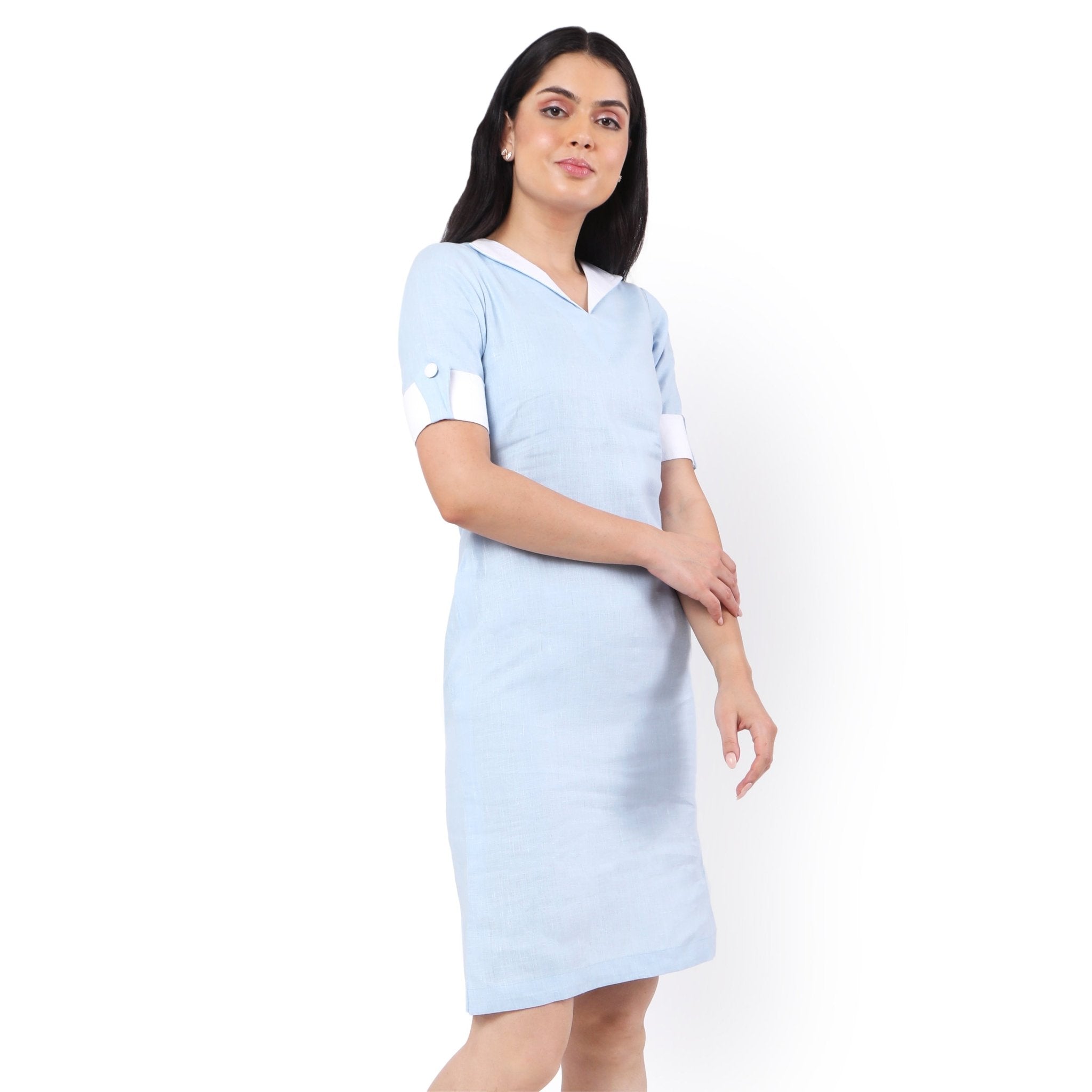Hemp V Neck Dress Sky Blue | Sustainable Eco - Friendly Women’s Dress – Womens Dress on Brown Living™. SKU: GD04-SKYBLUE-S. Img 4.