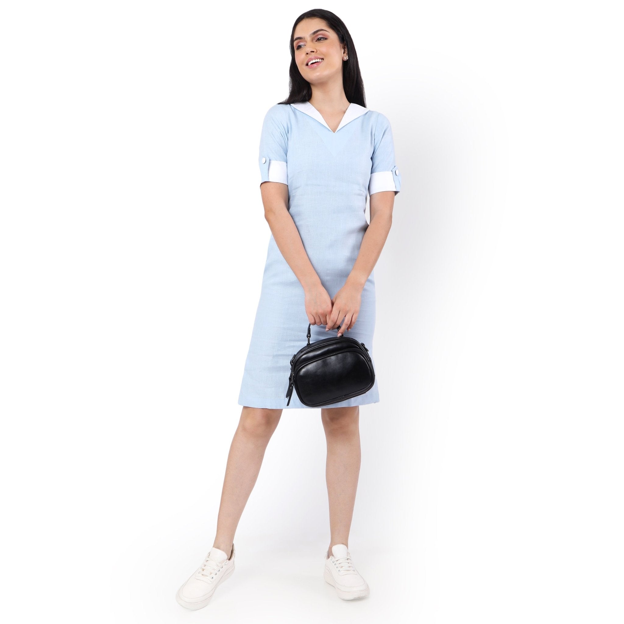 Hemp V Neck Dress Sky Blue | Sustainable Eco - Friendly Women’s Dress – Womens Dress on Brown Living™. SKU: GD04-SKYBLUE-S. Img 5.