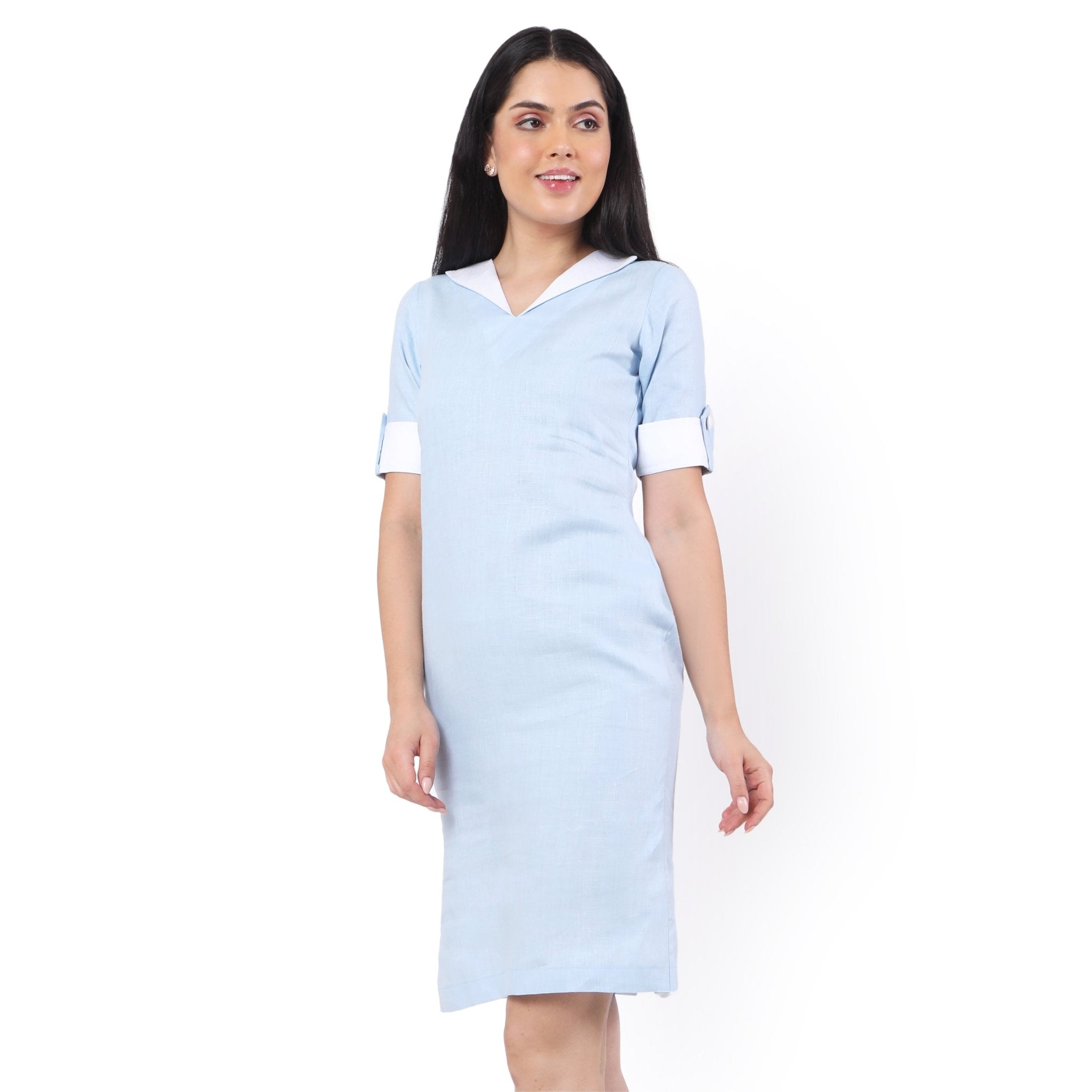 Hemp V Neck Dress Sky Blue | Sustainable Eco - Friendly Women’s Dress – Womens Dress on Brown Living™. SKU: GD04-SKYBLUE-S. Img 3.