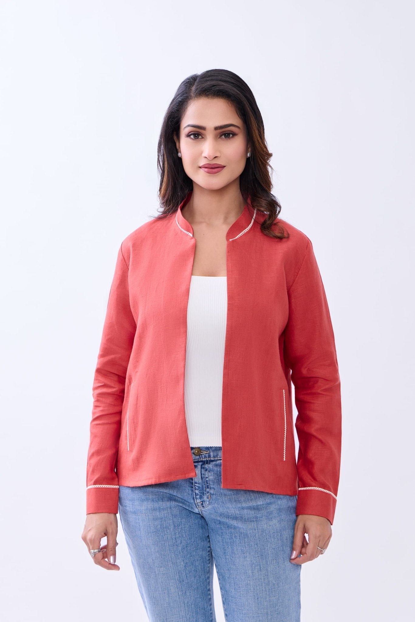 Hemp Women’s Front Open Blazer | Sustainable Eco - Friendly Jacket – Womens Blazer on Brown Living™. SKU: GBL01-RED-S. Img 4.