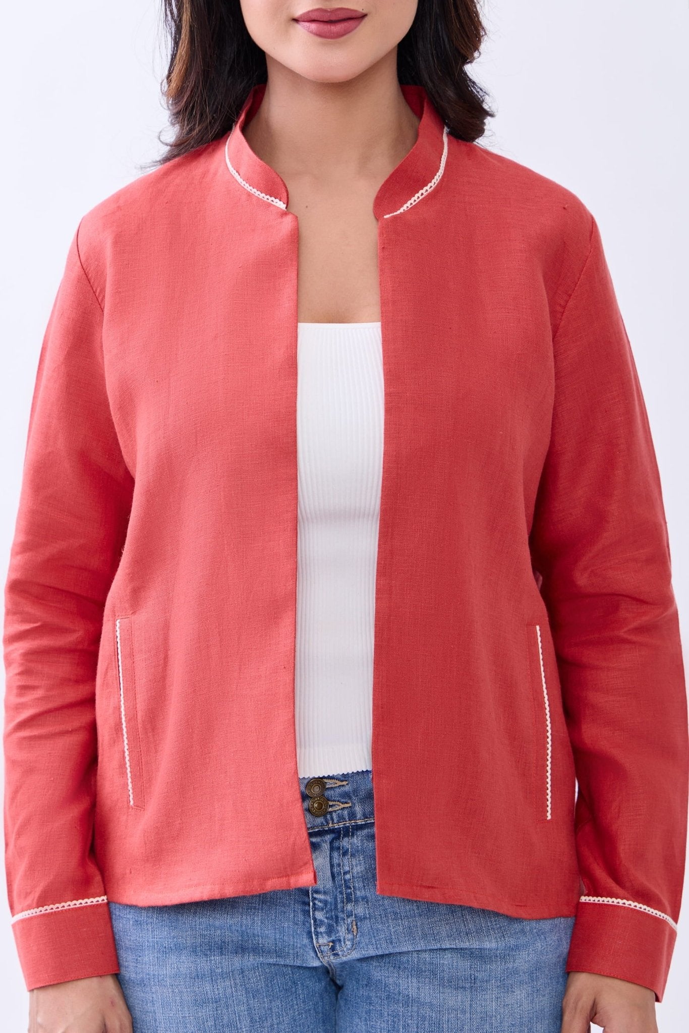 Hemp Women’s Front Open Blazer | Sustainable Eco - Friendly Jacket – Womens Blazer on Brown Living™. SKU: GBL01-RED-S. Img 2.