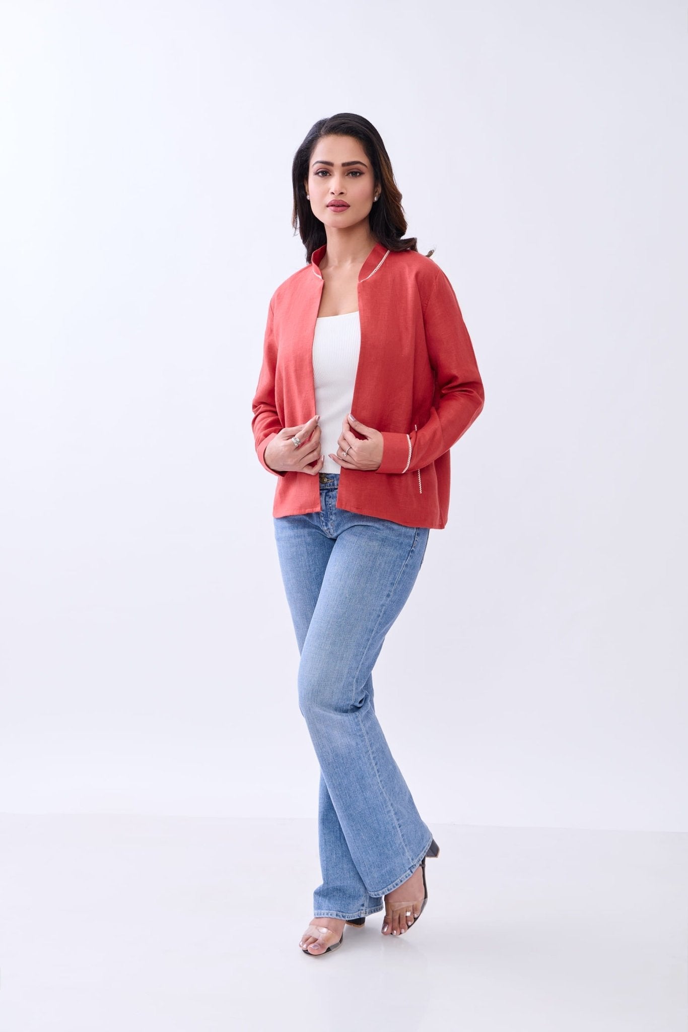 Hemp Women’s Front Open Blazer | Sustainable Eco - Friendly Jacket – Womens Blazer on Brown Living™. SKU: GBL01-RED-S. Img 1.