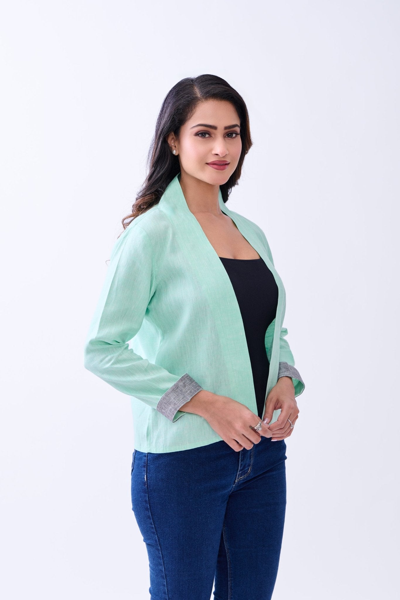 Hemp Women’s Green Front Open Blazer | Sustainable Eco - Friendly Jacket – Womens Blazer on Brown Living™. SKU: GBL04-GREEN-S. Img 3.