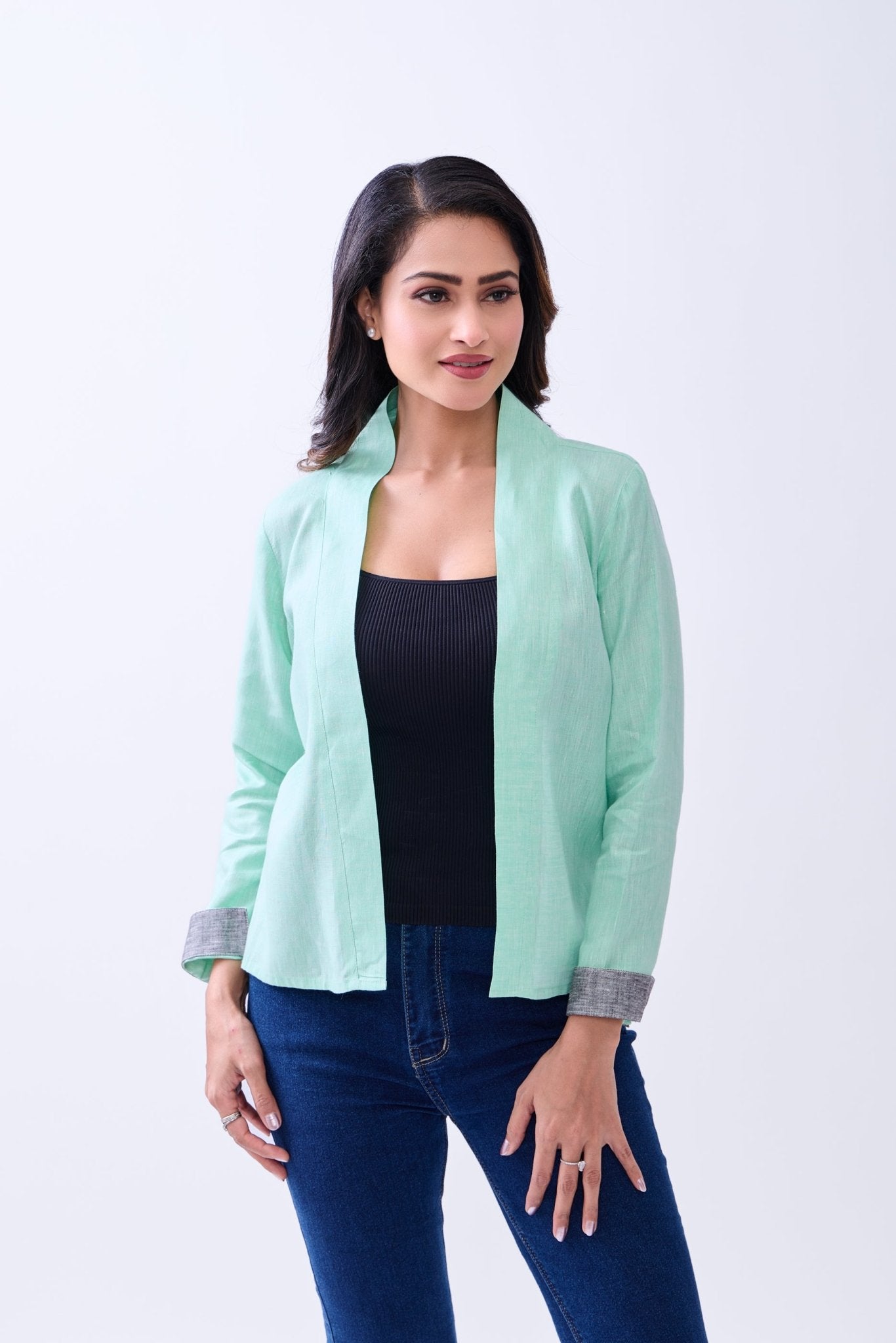 Hemp Women’s Green Front Open Blazer | Sustainable Eco - Friendly Jacket – Womens Blazer on Brown Living™. SKU: GBL04-GREEN-S. Img 2.