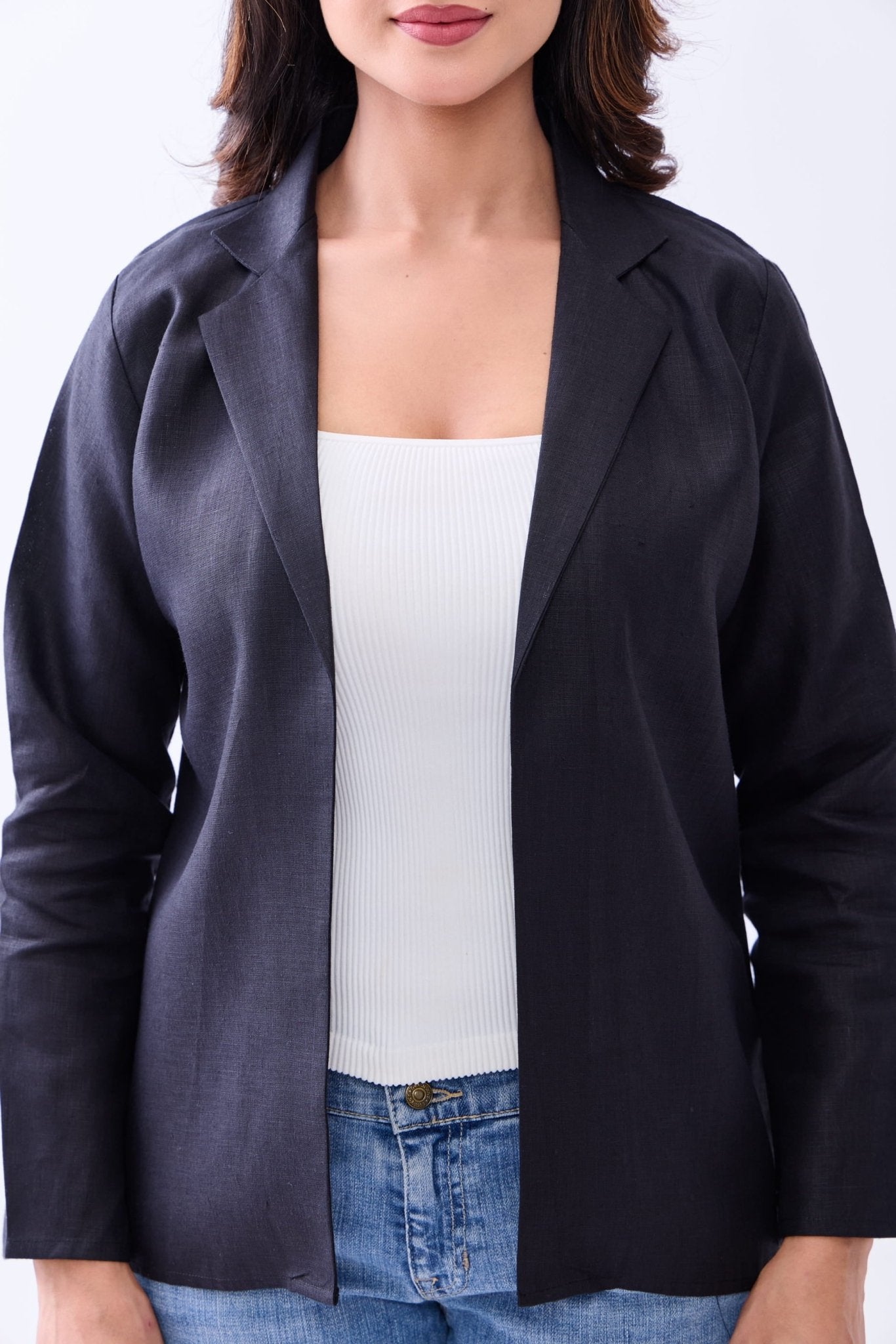 Hemp Women's Open - Front Blazer – Womens Blazer on Brown Living™. SKU: GBL03-BLACK-S. Img 9.