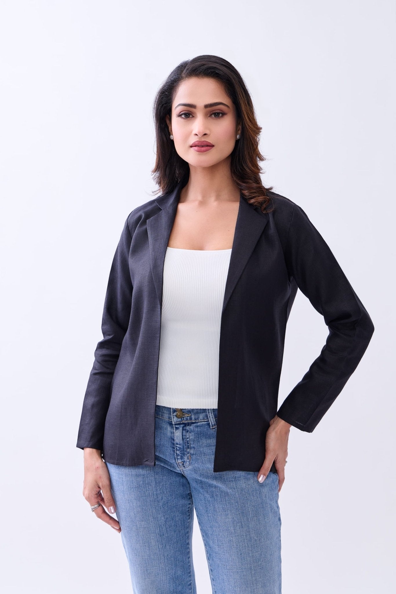 Hemp Women's Open - Front Blazer – Womens Blazer on Brown Living™. SKU: GBL03-BLACK-S. Img 7.