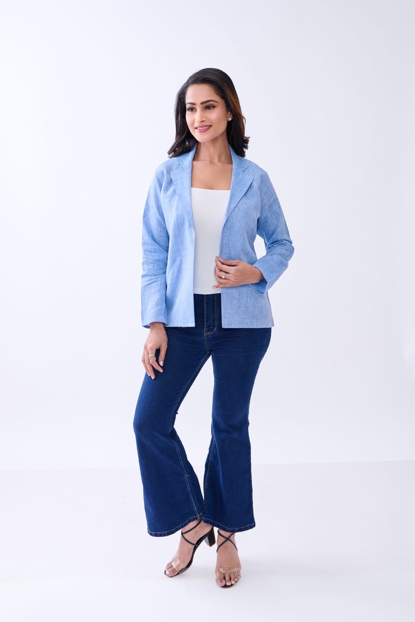 Hemp Women's Open - Front Blazer – Womens Blazer on Brown Living™. SKU: GBL03-BLUE-S. Img 1.