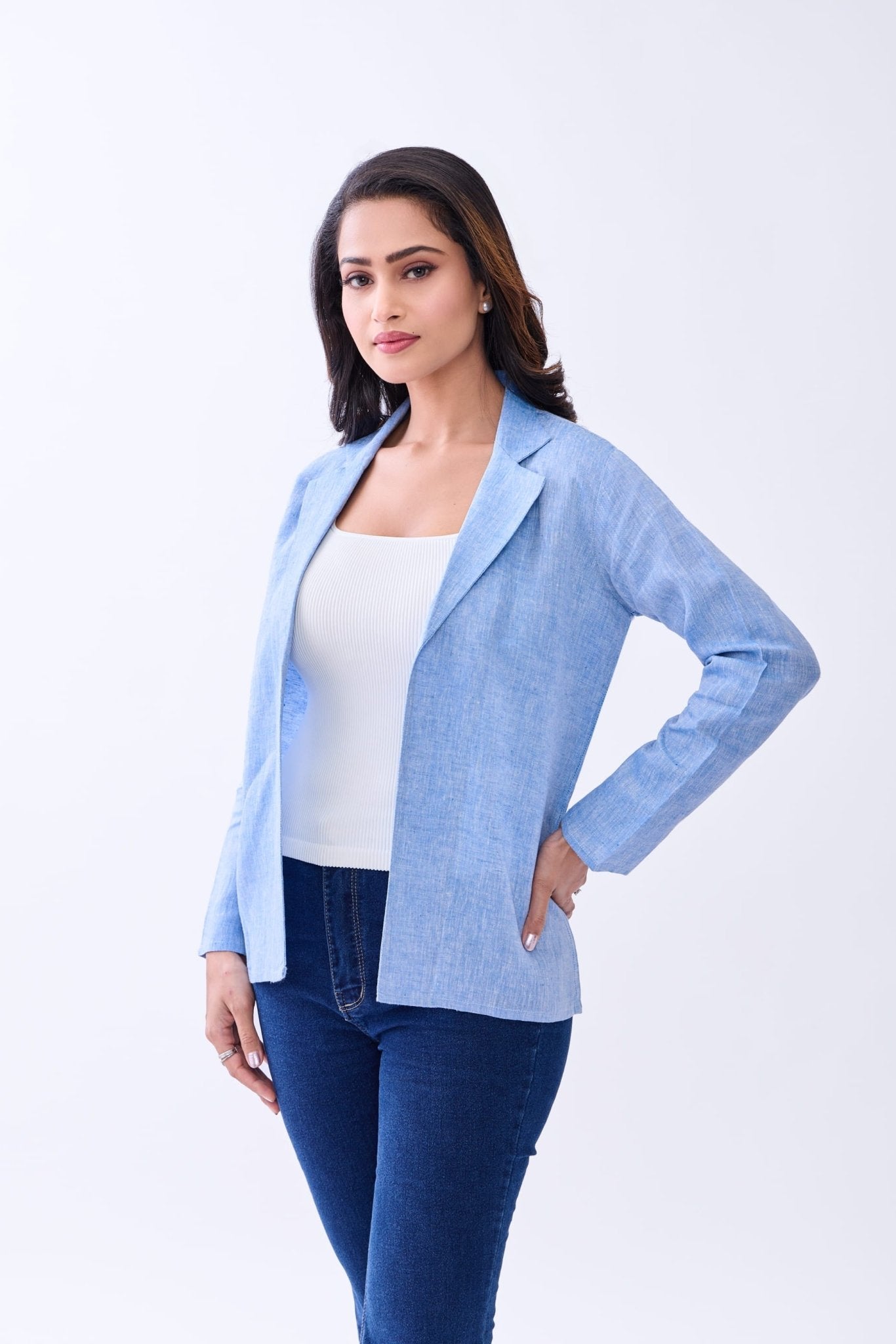 Hemp Women's Open - Front Blazer – Womens Blazer on Brown Living™. SKU: GBL03-BLUE-S. Img 3.