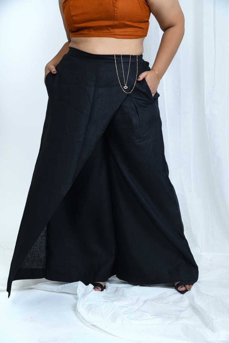 Hemp Wrap Pants with a Modern Silhouette – Womens Pants by Pravaah India available on Brown Living™. Xs Truffle Black. SKU: PRA24CL6BXS. Img 1.