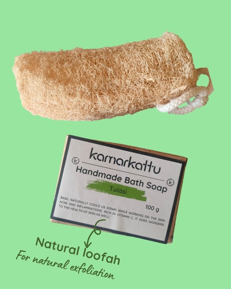 Herbs packed bath soaps - Handmade: Pack of 3 – Body Soap by Kamarkattu Ecostore available on Brown Living™. Tulasi - Pack Of 3 With Loofah. SKU: tus3withloofah. Img 8.