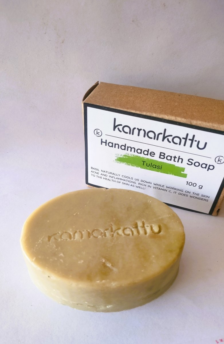 Herbs packed bath soaps - Handmade: Pack of 3 – Body Soap by Kamarkattu Ecostore available on Brown Living™. Tulasi - Pack Of 3 With Loofah. SKU: tus3withloofah. Img 9.