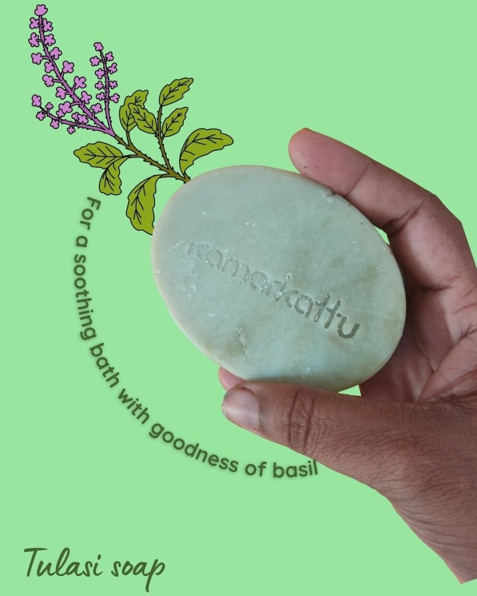 Herbs packed bath soaps - Handmade: Pack of 3 – Body Soap by Kamarkattu Ecostore available on Brown Living™. Tulasi - Pack Of 3 Without Loofah. SKU: tus3. Img 6.