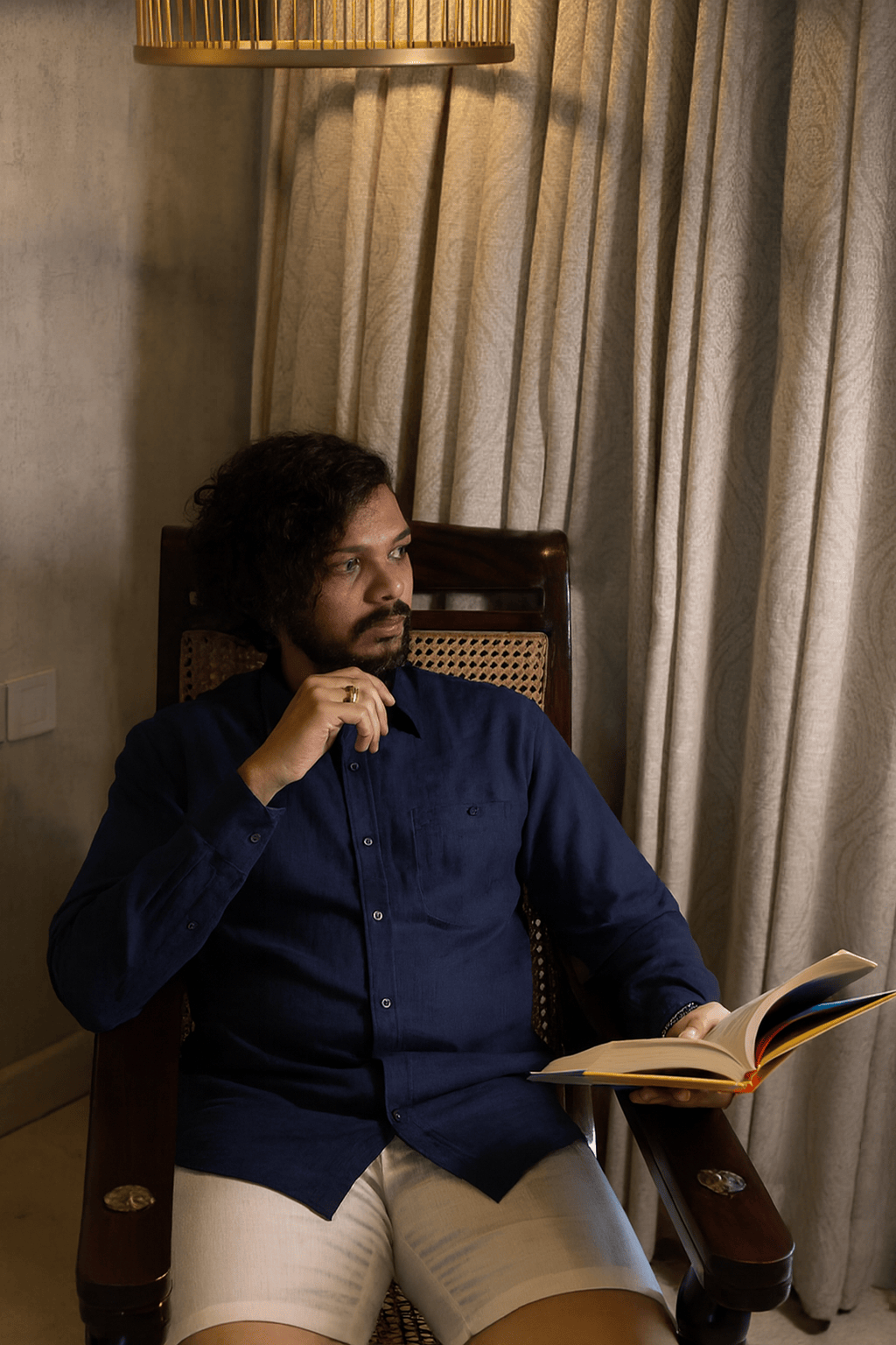 Heritage Navy Pure Linen Long - Sleeve Shirt | Soft & Breathable – Men Shirt on Brown Living™. SKU: ANTPLSLSBL. Img 1.