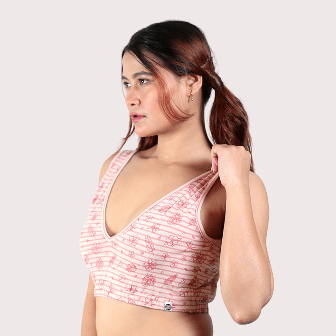 Hibiscus Deep V Cotton Bralette – Womens Top on Brown Living™. SKU: 008DEEPVPINKHIBISCUSXS. Img 5.