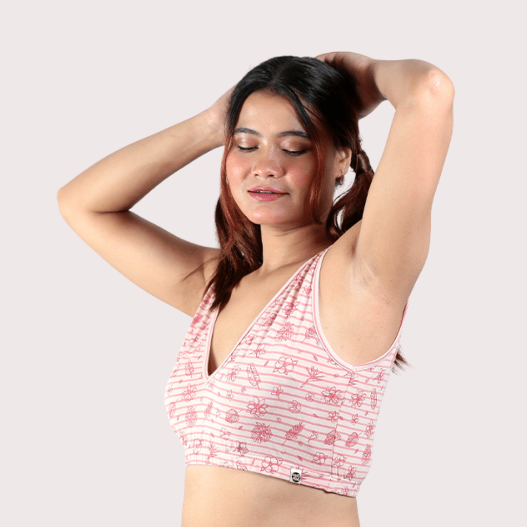 Hibiscus Deep V Cotton Bralette – Womens Top on Brown Living™. SKU: 008DEEPVPINKHIBISCUSXS. Img 6.