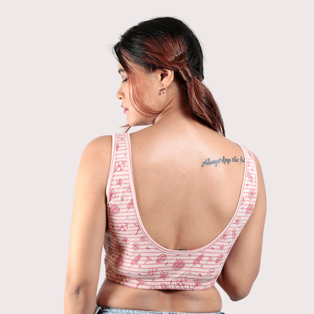 Hibiscus Deep V Cotton Bralette – Womens Top on Brown Living™. SKU: 008DEEPVPINKHIBISCUSXS. Img 4.