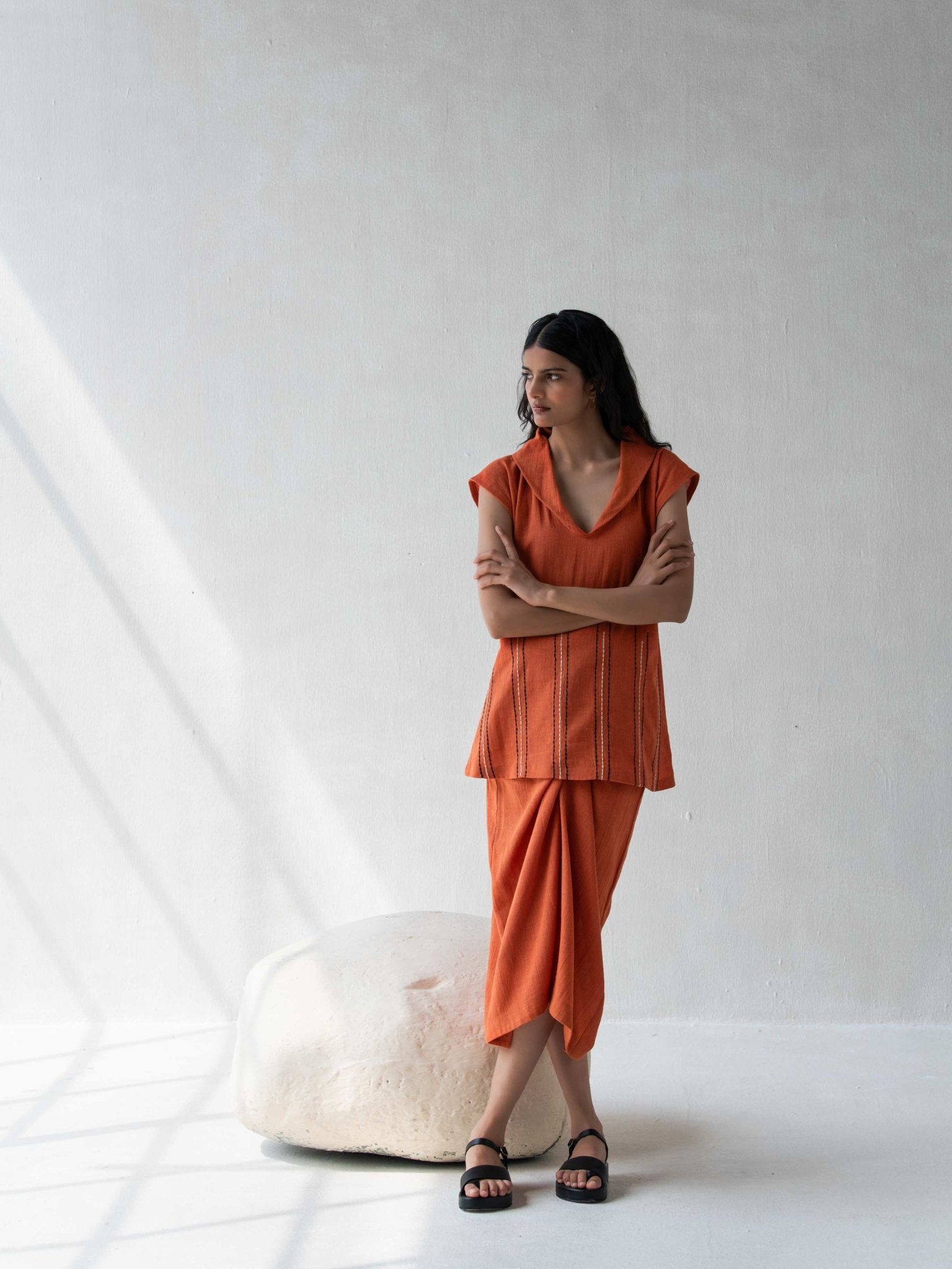 High - Waisted Overlap Skirt | Stylish Cotton Orange Skirt for Women – Womens Skirt on Brown Living™. SKU: DCSS25B02S. Img 3.