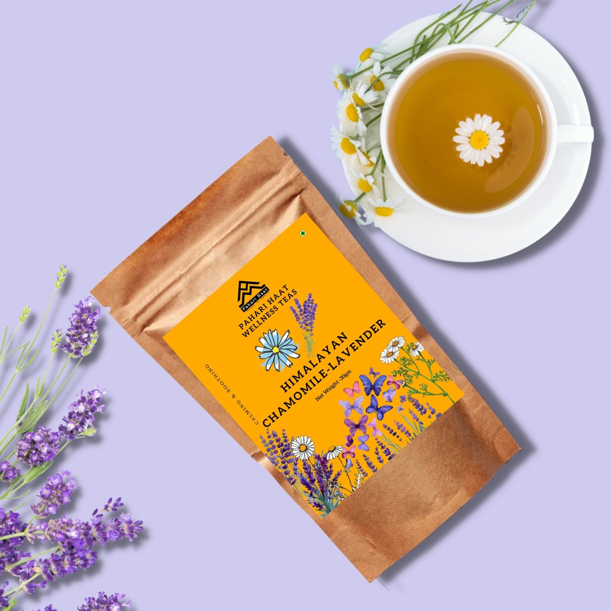 Himalayan Chamomile Lavender Tea – Relaxing Herbal Sleep Blend – Tea on Brown Living™. SKU: HCLV-30. Img 1.