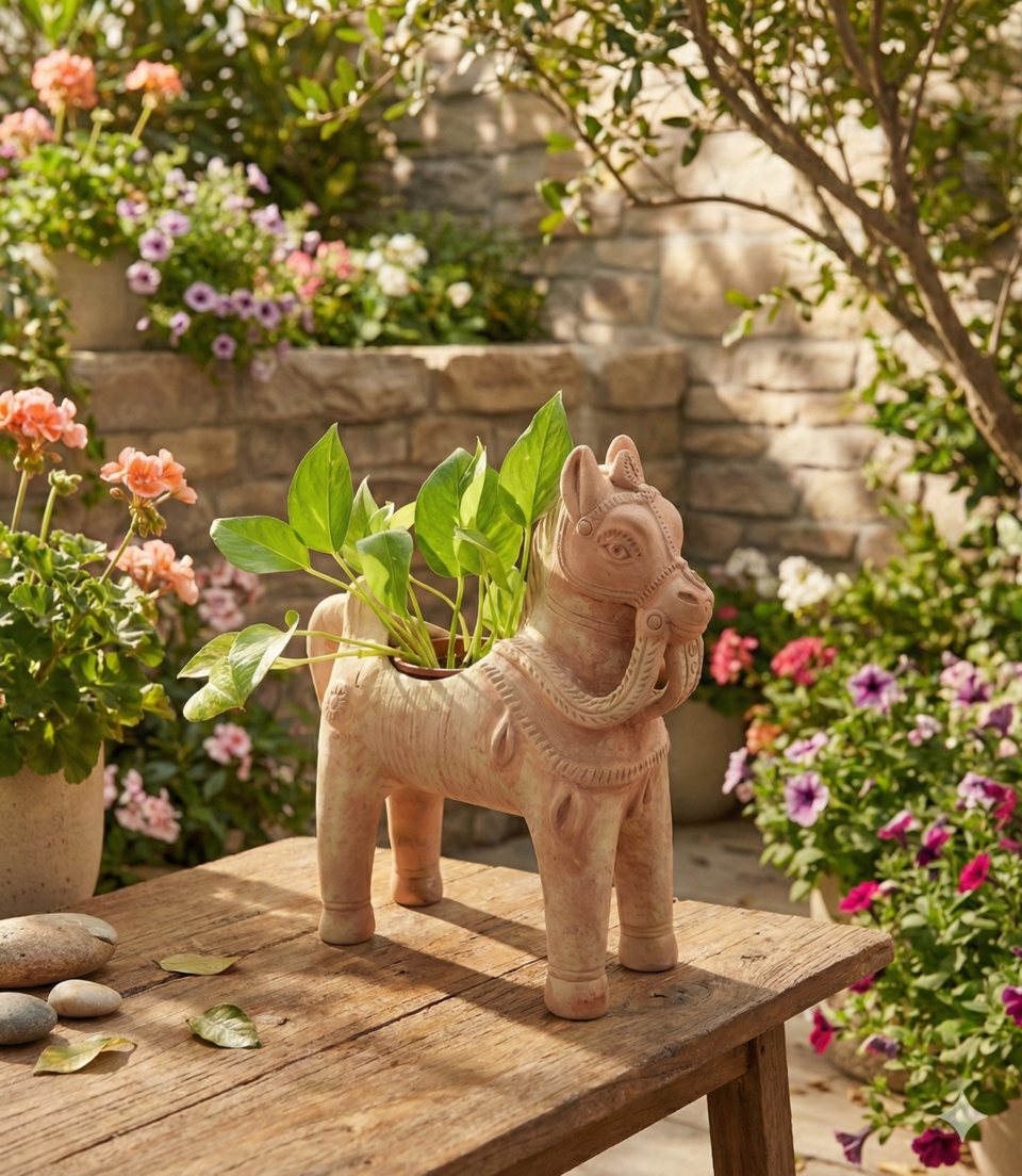 Horse Pasture Handcrafted Animal Themed Clay Planter – Pots & Planters on Brown Living™. SKU: A0_plt_0023. Img 8.