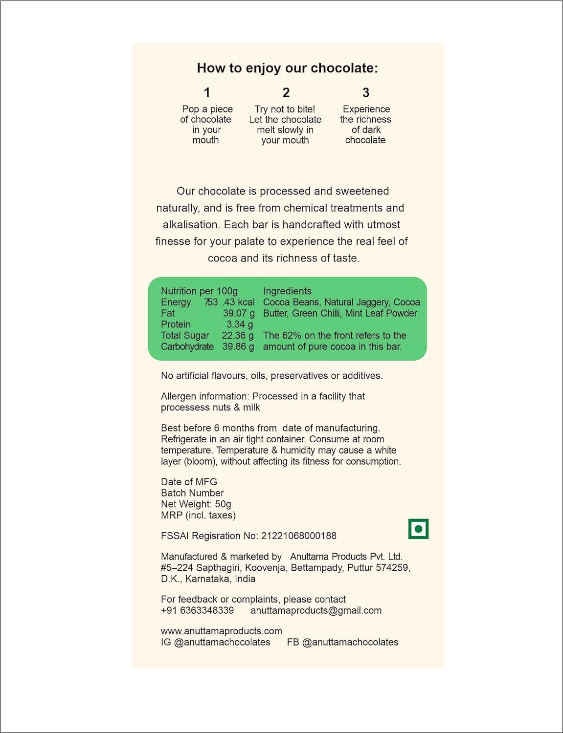 Hot Mint 62% Cocoa Dark Chocolate – Bold Cocoa with Mint Notes – Chocolates on Brown Living™. SKU: 8931500289935. Img 2.