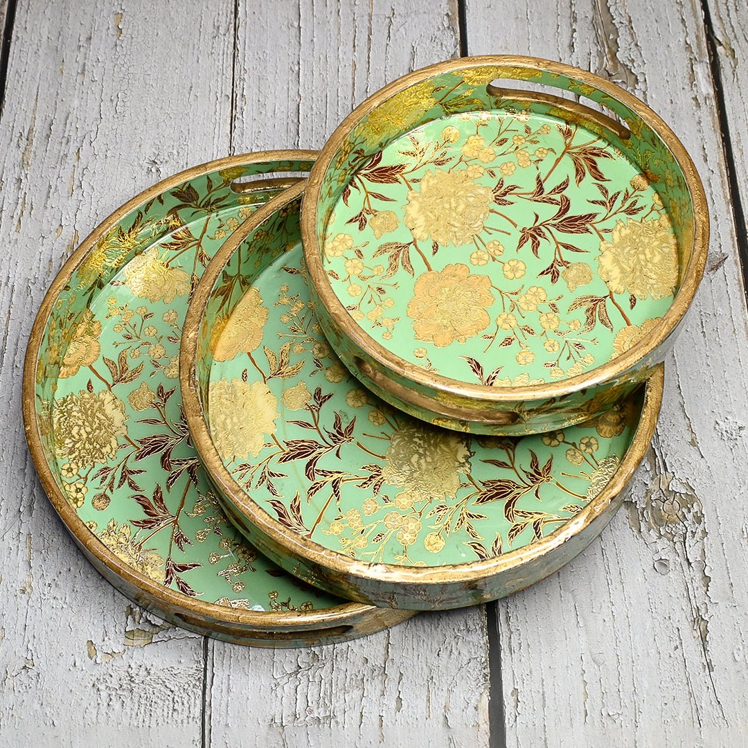 Indian Crafted Round Trays - Pack of 3 – Home Decor by The Mohraj available on Brown Living™. Green Floral Round Trays . SKU: MJ00132TYV. Img 5.