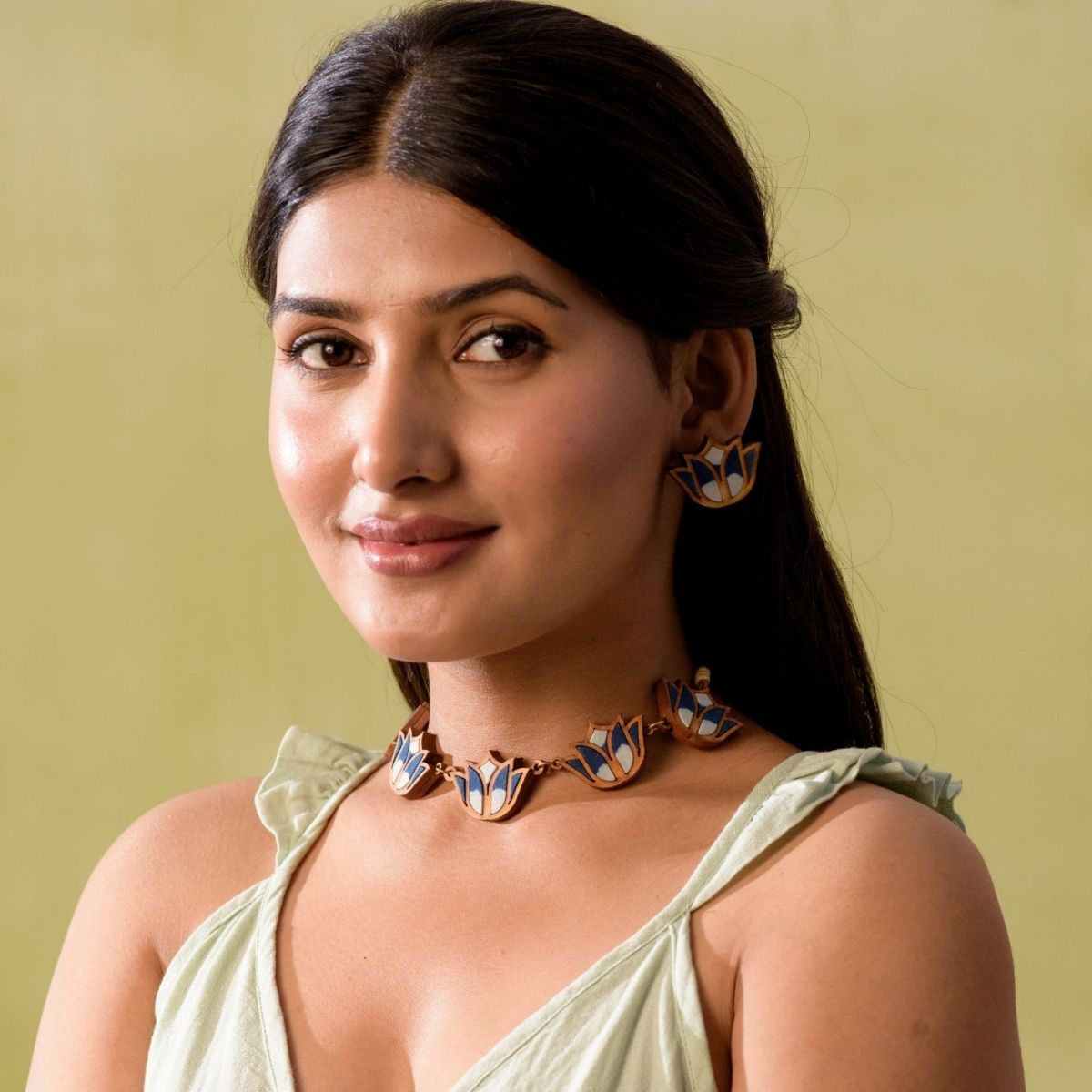 Indigo Bloom Lotus Repurposed Fabric and Wood Necklace & Earrings Set – Womens Earrings on Brown Living™. SKU: JCC024. Img 2.