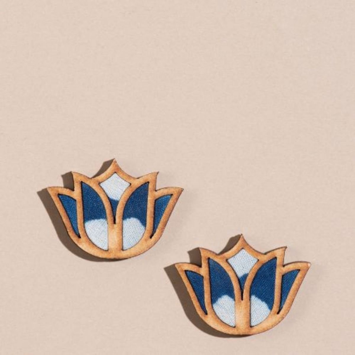 Indigo Bloom Lotus Repurposed Fabric and Wood Necklace & Earrings Set – Womens Earrings on Brown Living™. SKU: JCC024. Img 5.