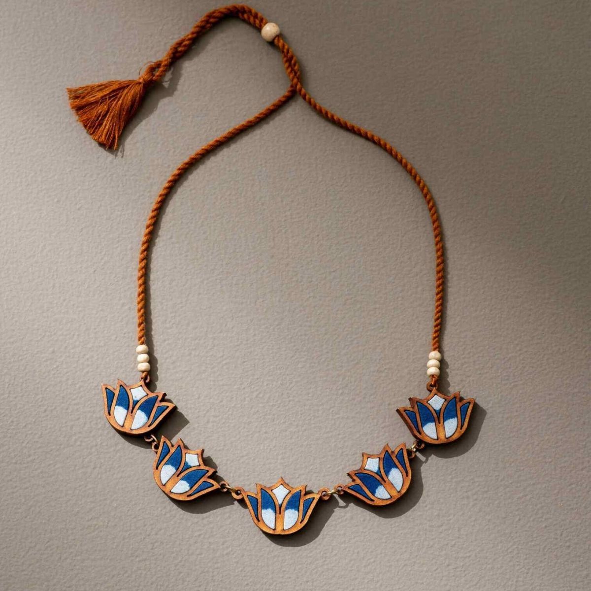 Indigo Bloom Lotus Repurposed Fabric and Wood Necklace & Earrings Set – Womens Earrings on Brown Living™. SKU: JCC024. Img 3.