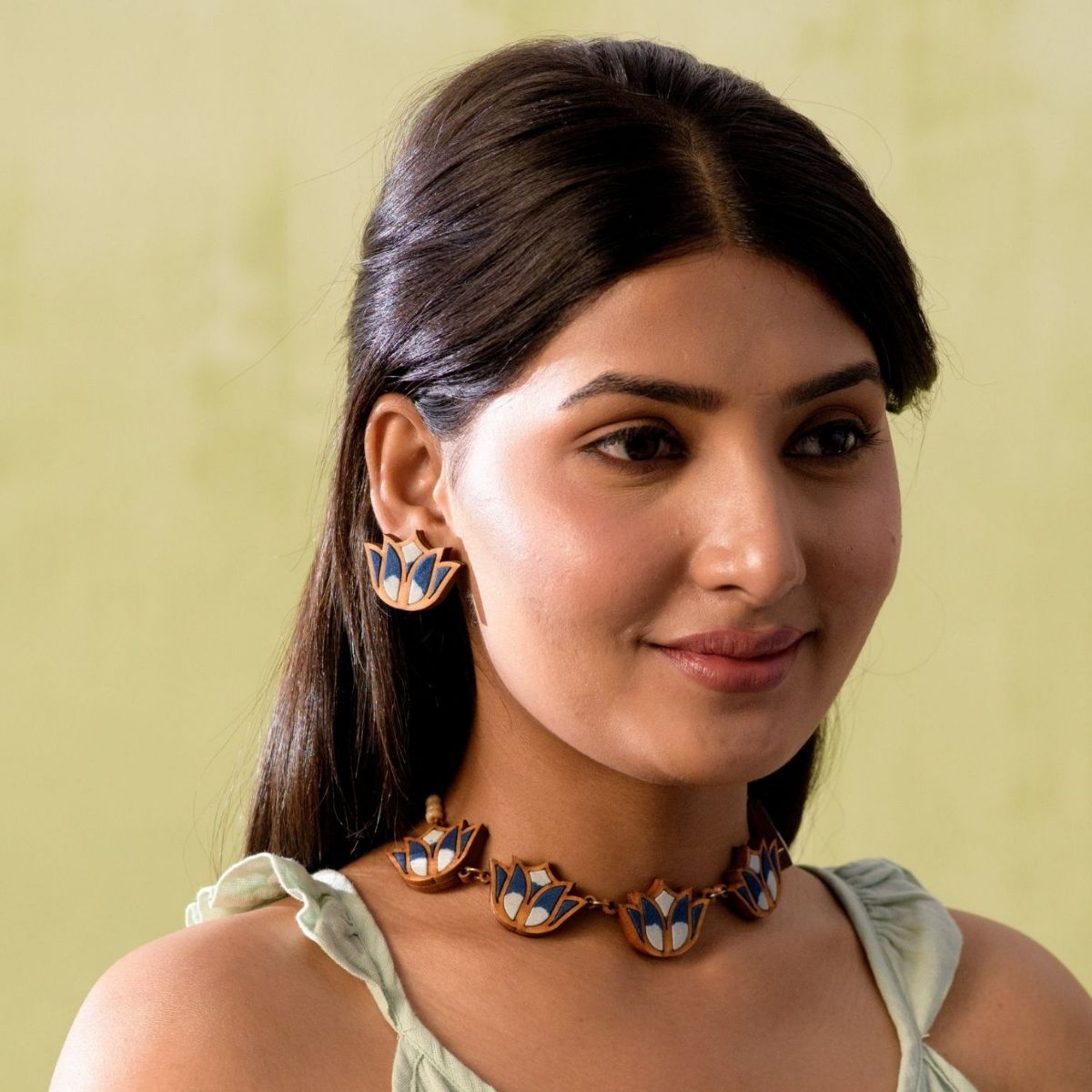 Indigo Bloom Lotus Repurposed Fabric and Wood Necklace & Earrings Set – Womens Earrings on Brown Living™. SKU: JCC024. Img 1.