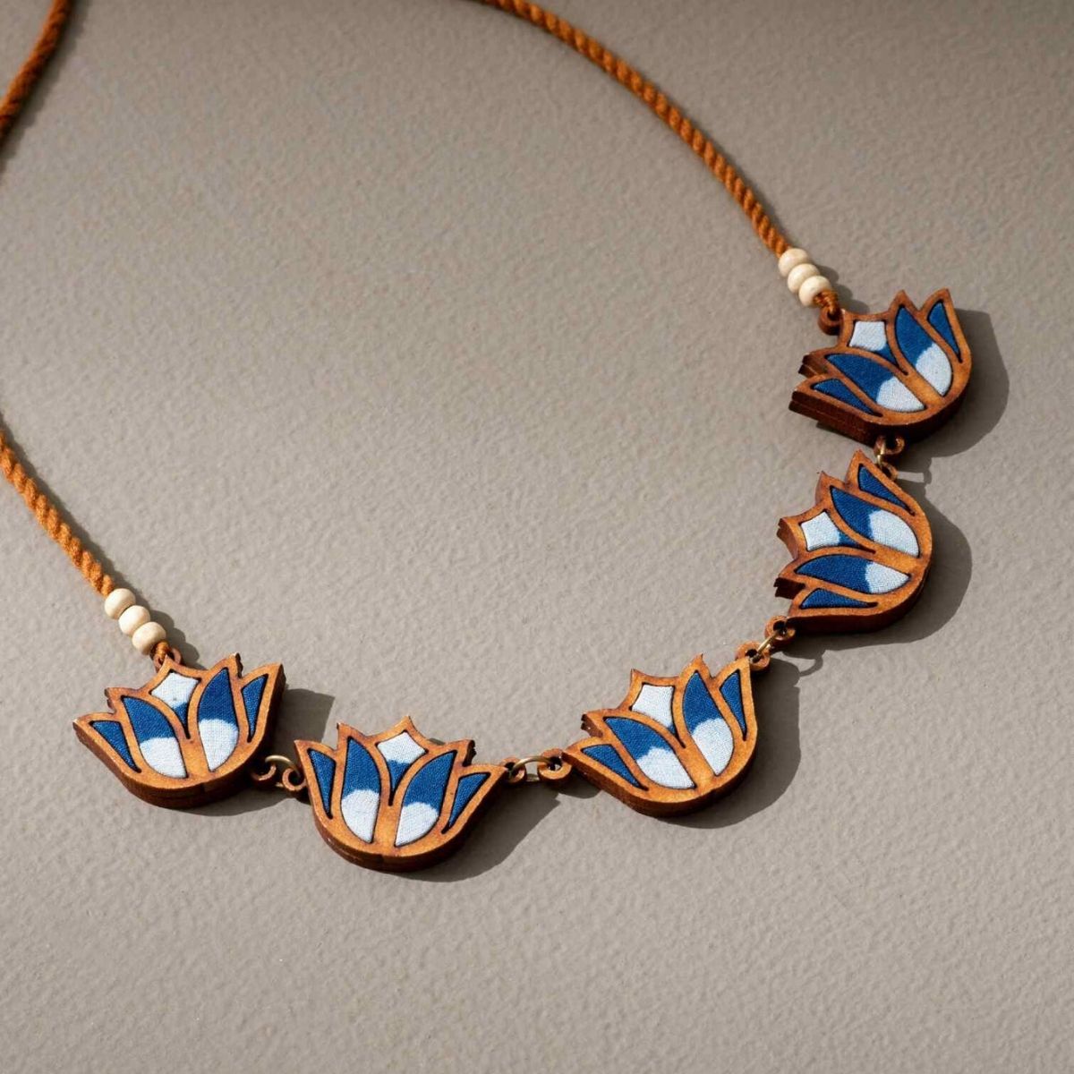 Indigo Bloom Lotus Repurposed Fabric and Wood Necklace & Earrings Set – Womens Earrings on Brown Living™. SKU: JCC024. Img 4.