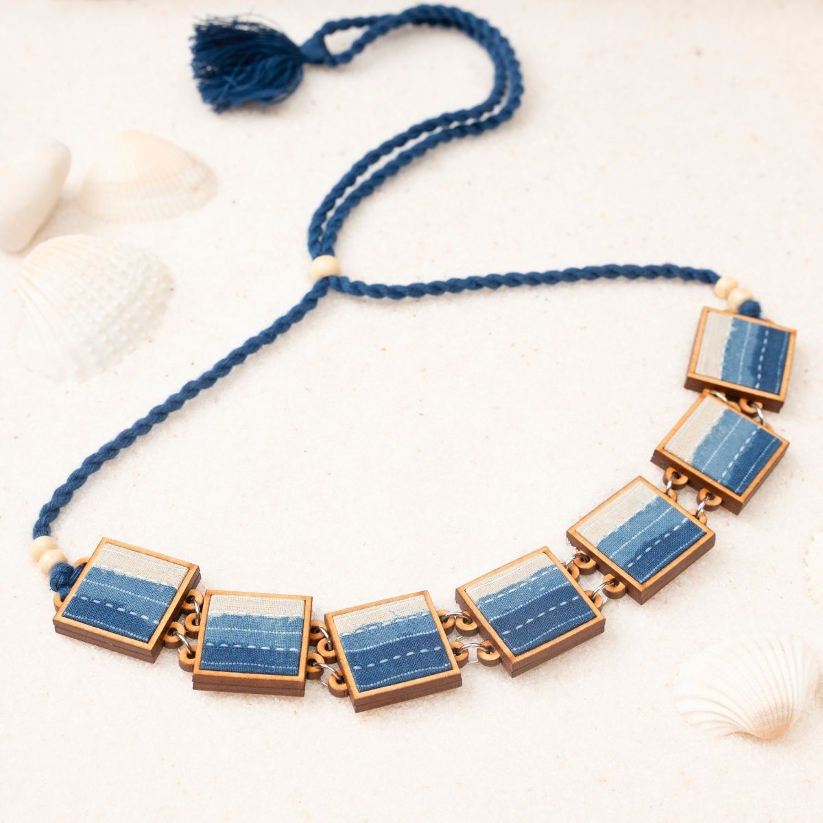 Indigo Blue Repurposed Fabric & Wood Jewellery Set – Womens Earrings on Brown Living™. SKU: JCC048. Img 4.