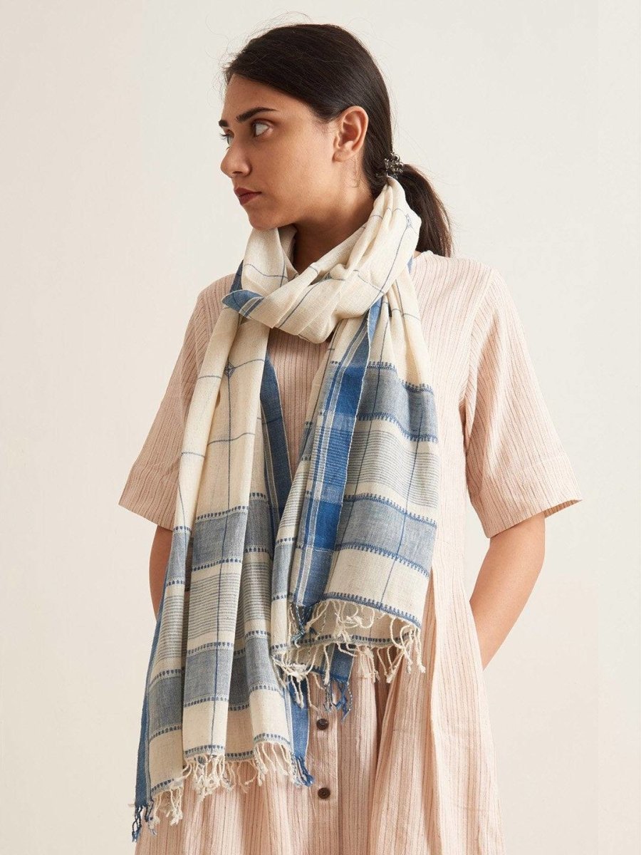 Indigo Weave Scarf With Intricate Tribal Design – Womens Scarf on Brown Living™. SKU: Patrah-73. Img 1.
