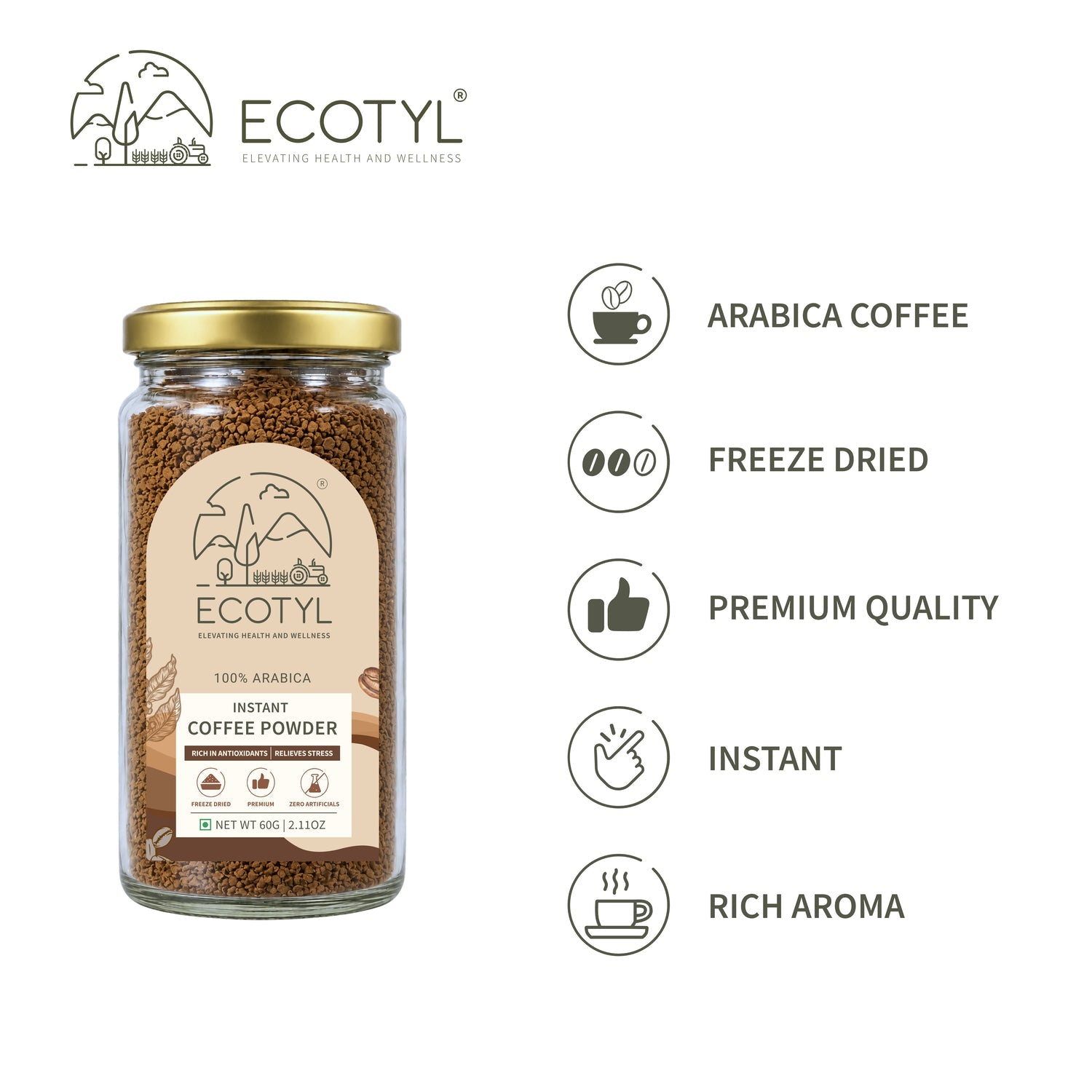 Instant Coffee Powder | Arabica Coffee | Freeze Dried | 60g – Coffee on Brown Living™. SKU: ECOTYL00064. Img 3.