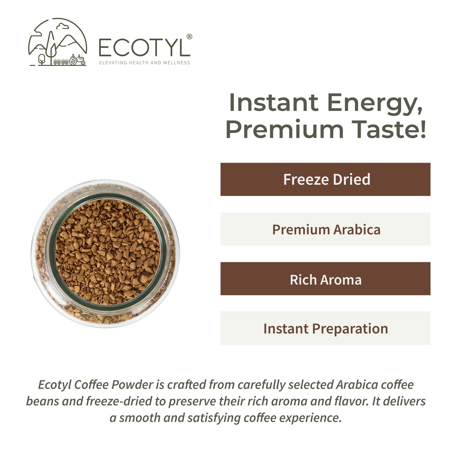 Instant Coffee Powder | Arabica Coffee | Freeze Dried | 60g – Coffee on Brown Living™. SKU: ECOTYL00064. Img 2.