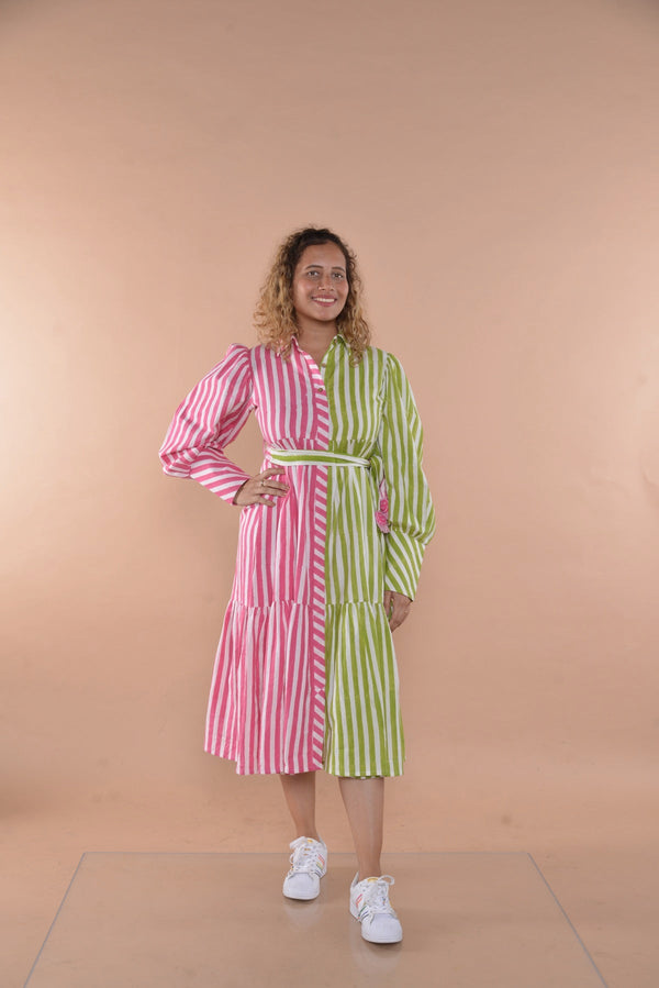 Ira Patternblock Stripe Handloom Cotton Dress | Verified Sustainable Womens Dress on Brown Living™