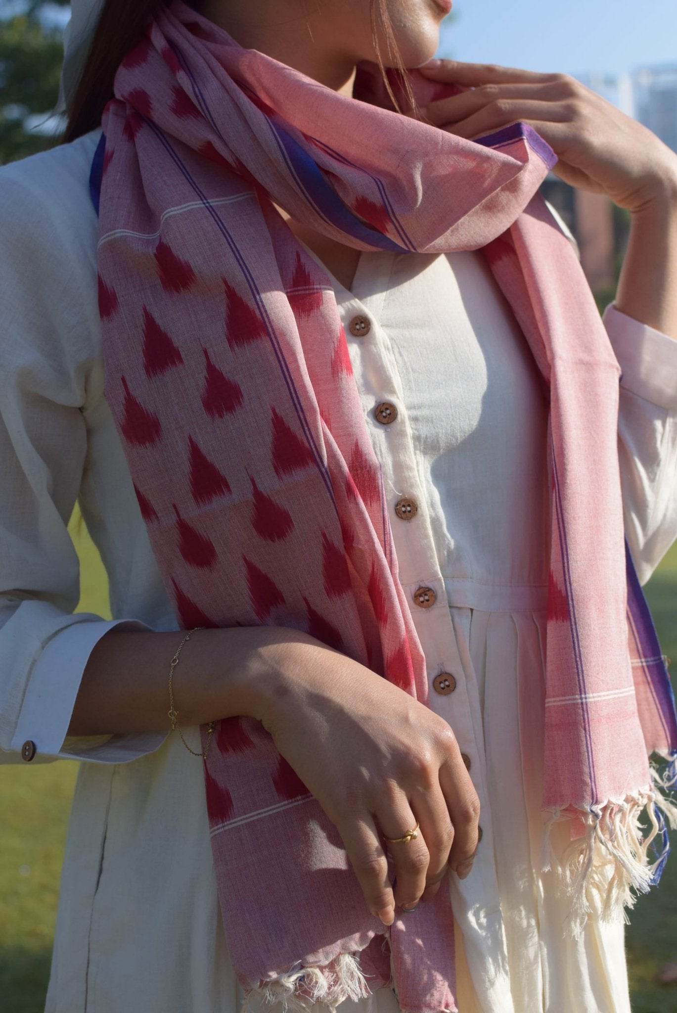 Ira Red Pochampalli Ikat Stole | Handwoven Cotton – Womens Scarf on Brown Living™. SKU: EKL_07. Img 3.