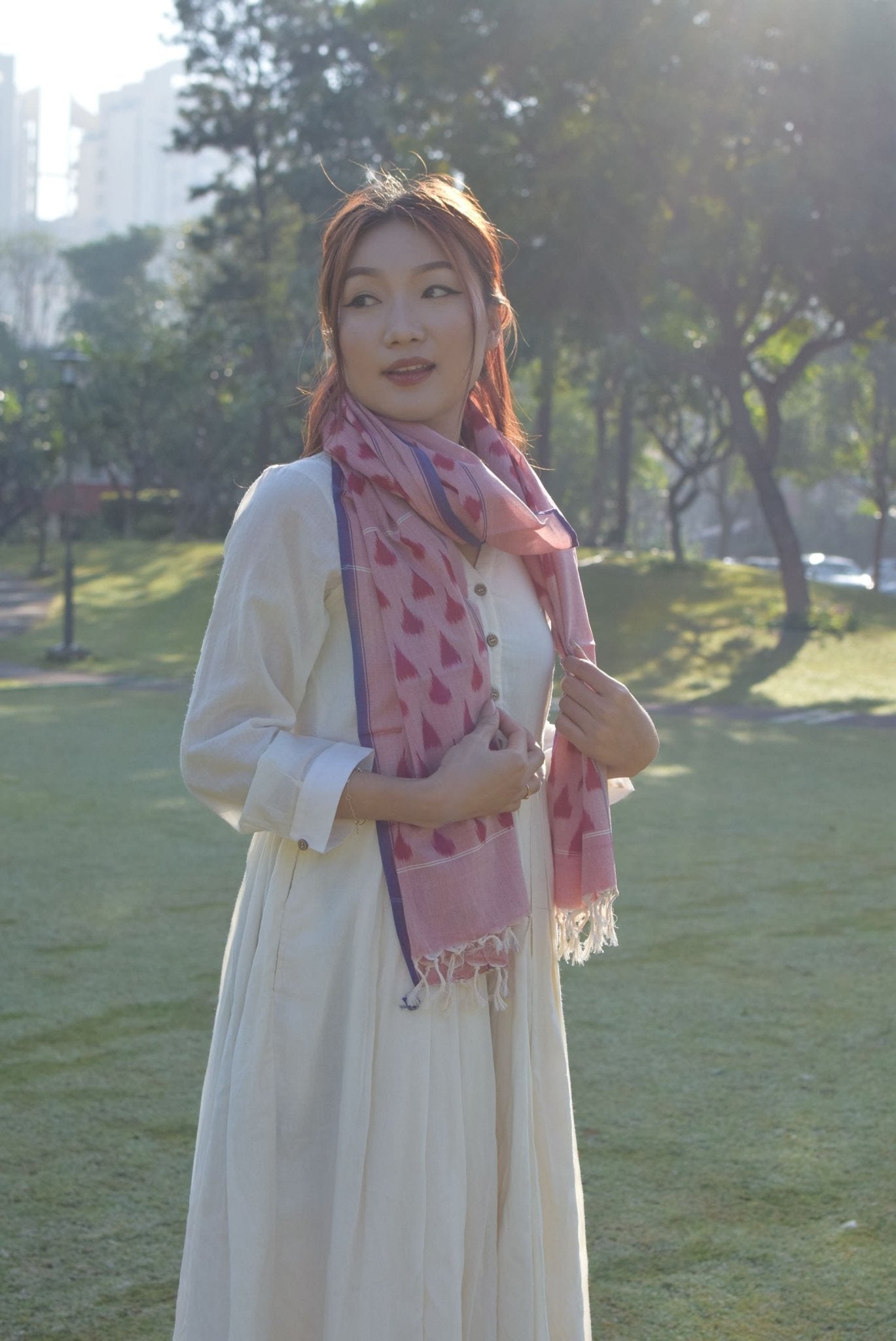 Ira Red Pochampalli Ikat Stole | Handwoven Cotton – Womens Scarf on Brown Living™. SKU: EKL_07. Img 4.